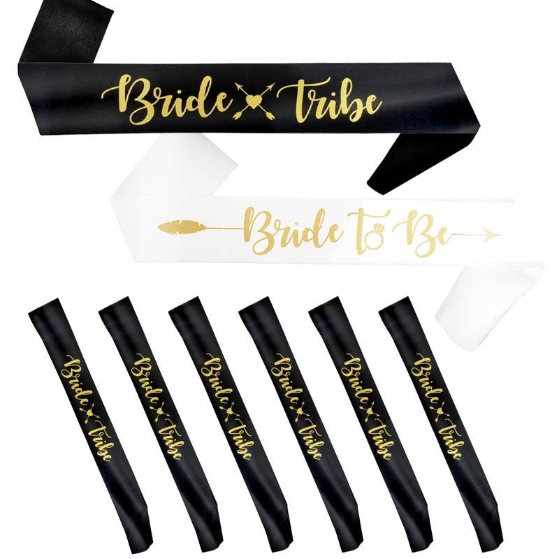 Bachelorettesy Bride Tribe Bridesmaids Sashes - 8 Pack Satin Bachelorette Sashes for Bridal Shower Decorations, Bachelorette Party Decorations, Wedding Parties, Girls' Night Out & More! Black - Image 1